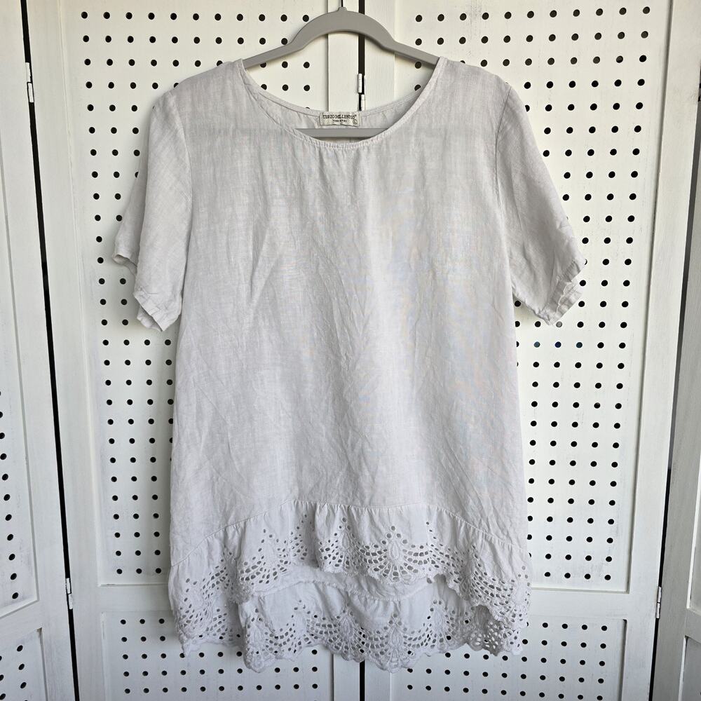 TERZO‎ MILLENNIO Linen Tunic Crochet Hem Top Lagenlook Boho Womens SIZE L